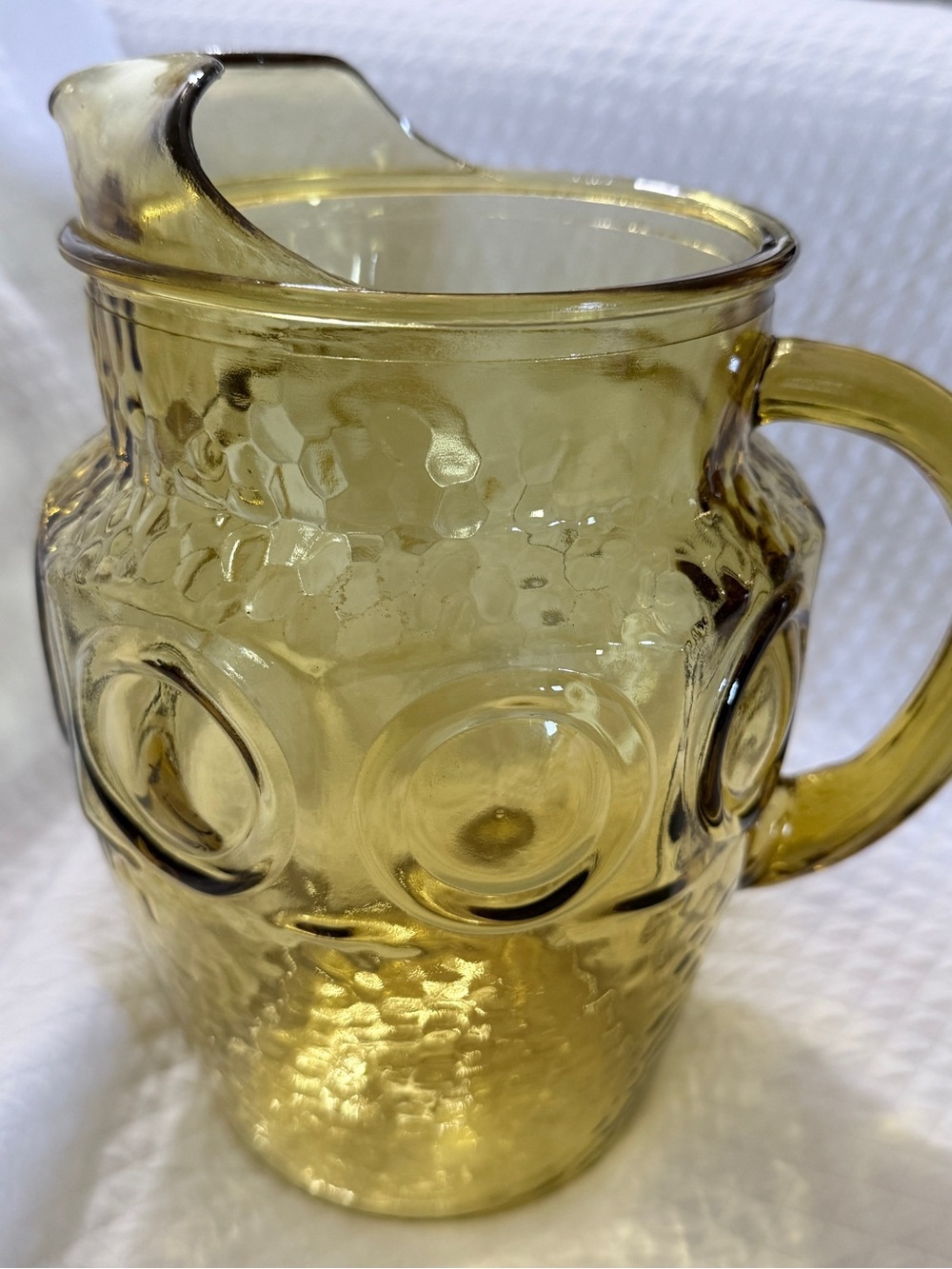 Vintage Mid Century Amber Glass Owl Pitcher Honeycomb Pattern